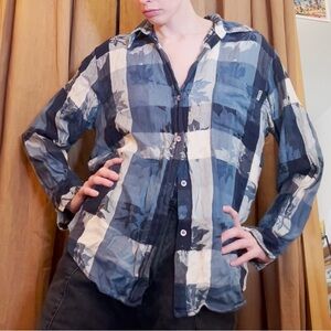 Blassport Vintage blue checkered patchwork floral print button down long sleeve